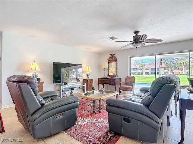 4364 Beechwood Lake Dr, Naples, FL 34112 - living room with a textured ceiling, ceiling fan, and visible vents
