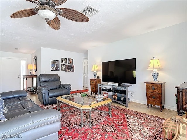 4364 Beechwood Lake Dr, Naples, FL 34112 - living room featuring baseboards, visible vents, ceiling fan, a textured ceiling, and light tile patterned flooring