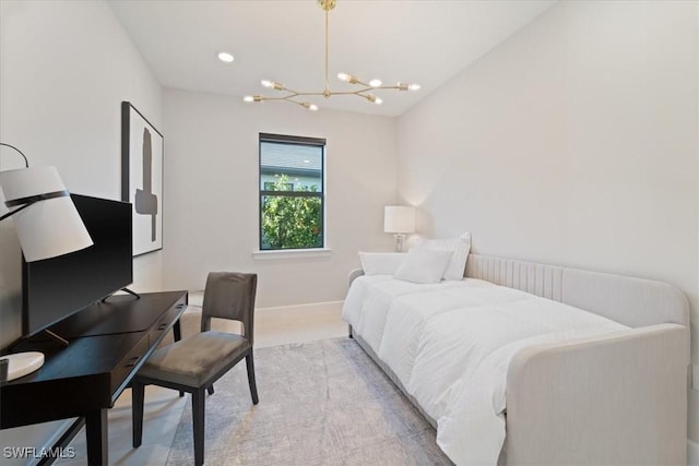 bedroom featuring a notable chandelier, recessed lighting, and baseboards