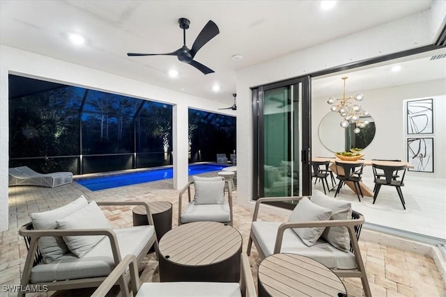 view of patio with an outdoor living space, an outdoor pool, outdoor dining area, and ceiling fan