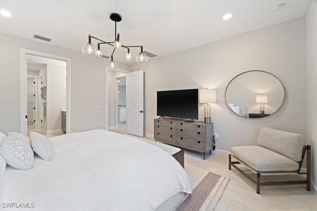 bedroom featuring visible vents, ensuite bath, recessed lighting, baseboards, and a chandelier