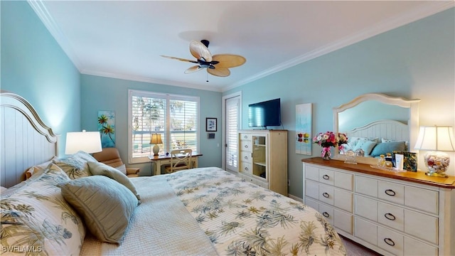 bedroom with ornamental molding and a ceiling fan