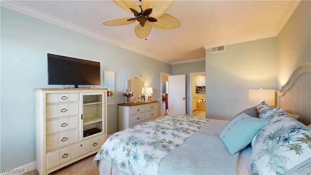 carpeted bedroom with baseboards, a ceiling fan, visible vents, and crown molding