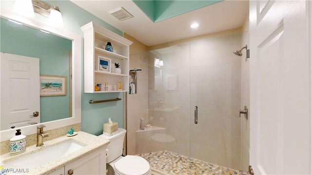 full bath with visible vents, a shower stall, toilet, and vanity