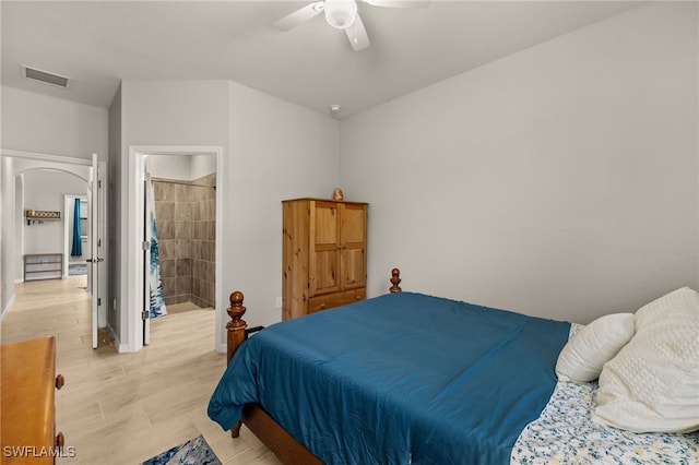 bedroom featuring light wood-type flooring, visible vents, and ceiling fan