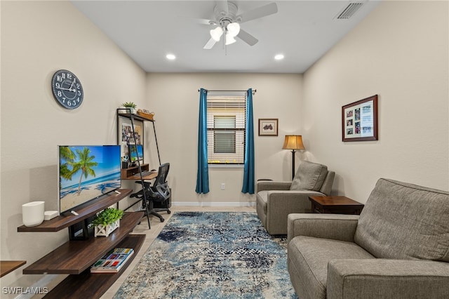 office space with baseboards, visible vents, a ceiling fan, and recessed lighting