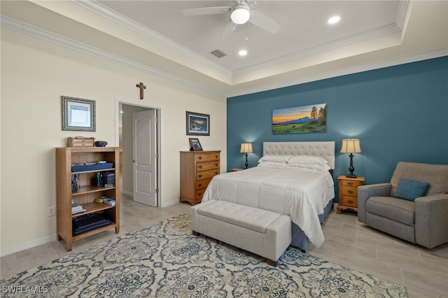 tiled bedroom with ornamental molding, a raised ceiling, visible vents, and baseboards