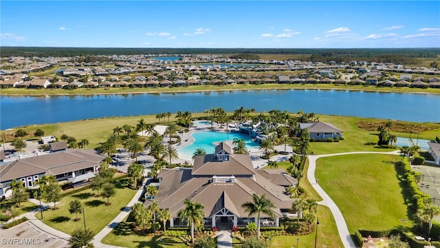 aerial view featuring a water view and a residential view