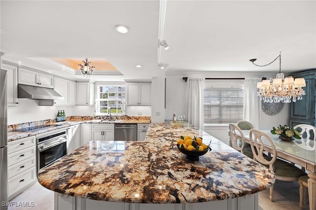 kitchen with stainless steel appliances, a tray ceiling, a notable chandelier, and under cabinet range hood