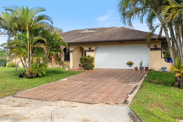 single story home with an attached garage, decorative driveway, a front yard, and stucco siding