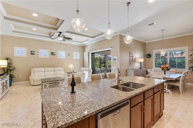 kitchen with a kitchen island with sink, ornamental molding, a sink, coffered ceiling, and dishwasher