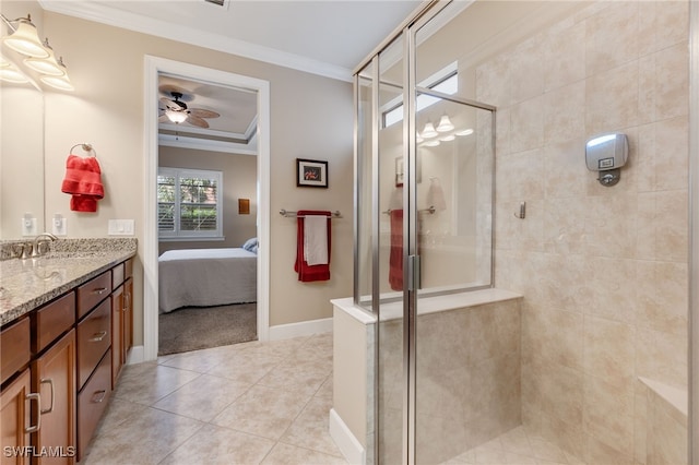 full bathroom featuring ensuite bathroom, tile patterned flooring, a shower stall, crown molding, and vanity