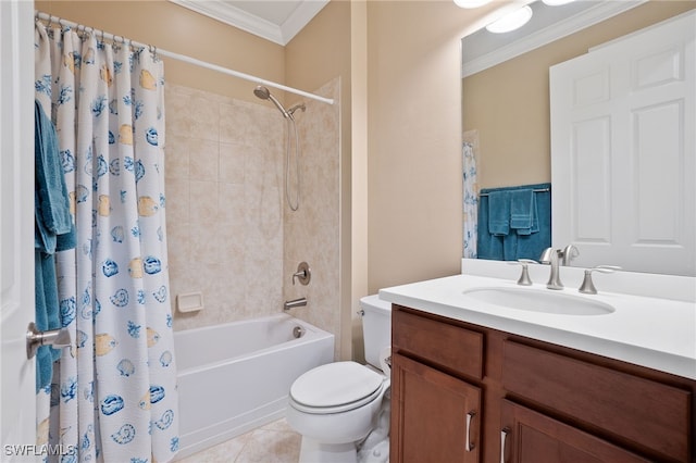 full bath featuring toilet, shower / tub combo with curtain, ornamental molding, tile patterned floors, and vanity