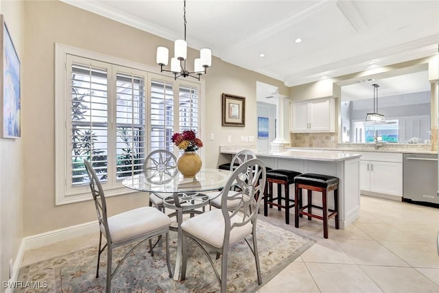 11596 Quail Village Way, Naples, FL 34119 - dining room with light tile patterned floors, ornamental molding, a chandelier, baseboards, and recessed lighting