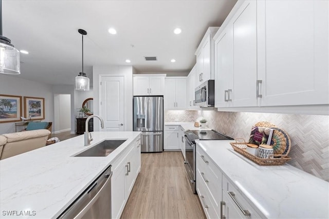 kitchen with stainless steel appliances, a sink, visible vents, white cabinets, and tasteful backsplash