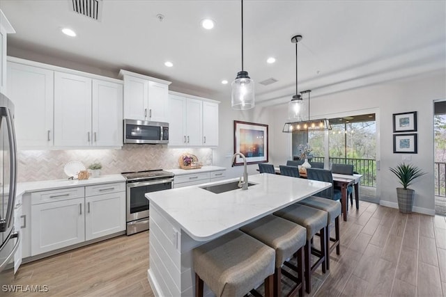 kitchen with visible vents, decorative backsplash, appliances with stainless steel finishes, a sink, and an island with sink