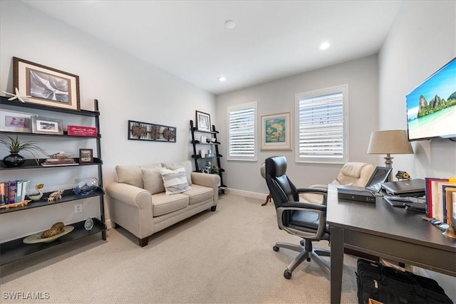 carpeted home office with recessed lighting and baseboards