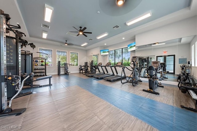 workout area featuring a wealth of natural light, visible vents, and baseboards