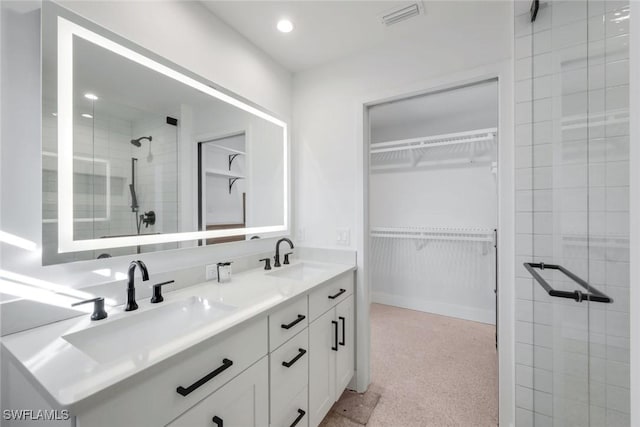 bathroom featuring a walk in closet, a shower stall, and a sink