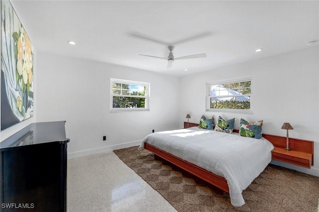 bedroom featuring speckled floor, baseboards, a ceiling fan, and recessed lighting