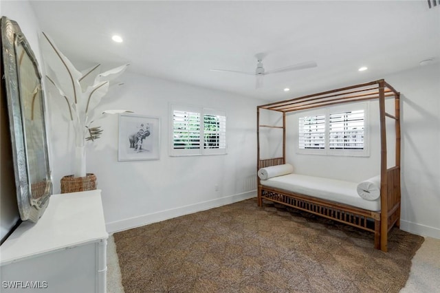 sitting room featuring ceiling fan, baseboards, carpet flooring, and recessed lighting
