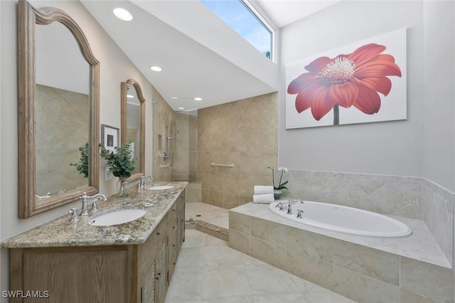 full bath featuring a walk in shower, recessed lighting, a sink, a bath, and double vanity