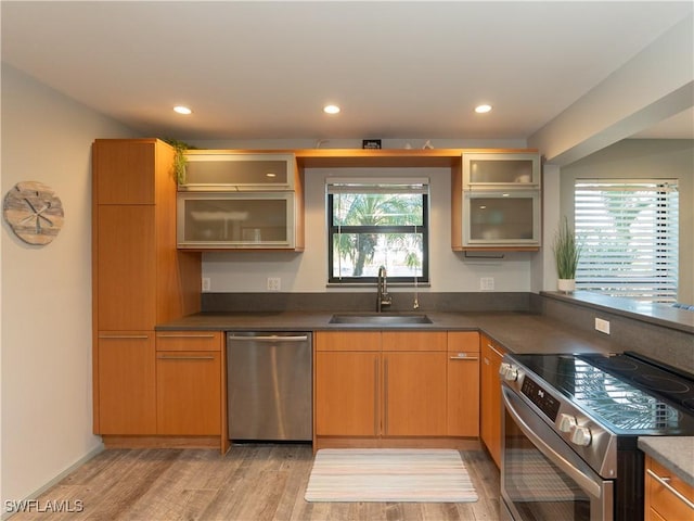 kitchen featuring glass insert cabinets, appliances with stainless steel finishes, light wood-style floors, a sink, and recessed lighting