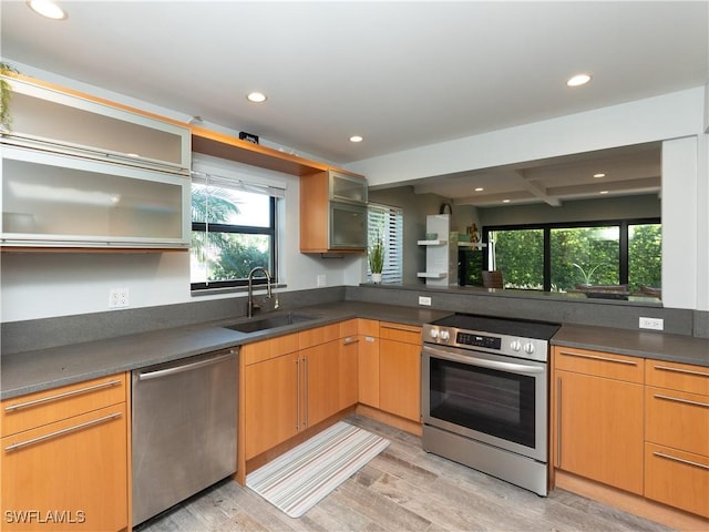 kitchen with stainless steel appliances, light wood-type flooring, a sink, and dark countertops