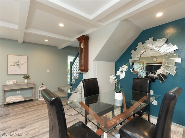 dining area featuring recessed lighting, wood finished floors, baseboards, stairs, and beam ceiling