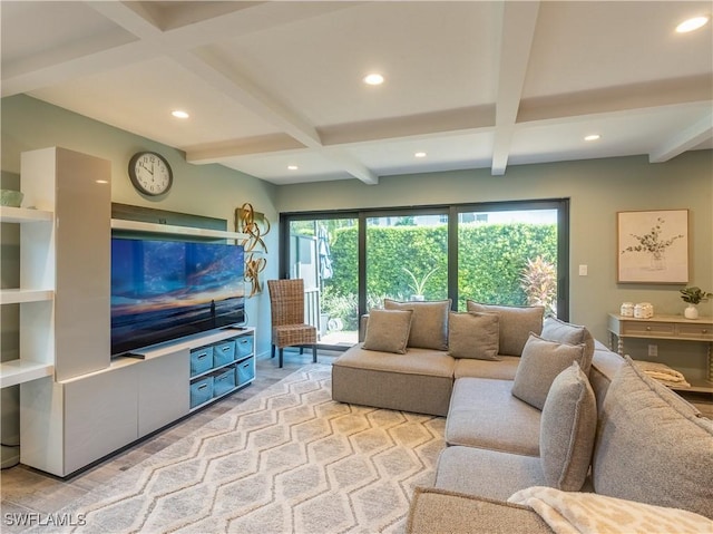 living area with recessed lighting, coffered ceiling, and beamed ceiling