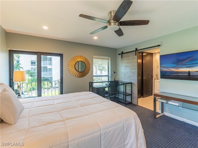 carpeted bedroom with a barn door, access to outside, a ceiling fan, and recessed lighting