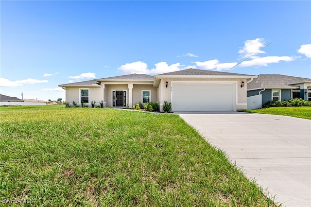 view of front facade featuring a garage, concrete driveway, a front lawn, and stucco siding