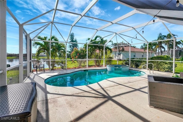 view of swimming pool with a pool with connected hot tub, glass enclosure, and a patio