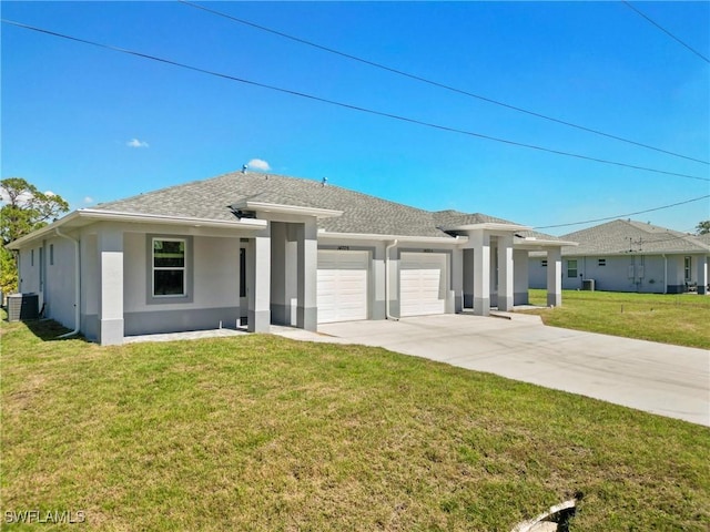 view of front of house with central AC unit, concrete driveway, stucco siding, an attached garage, and a front yard