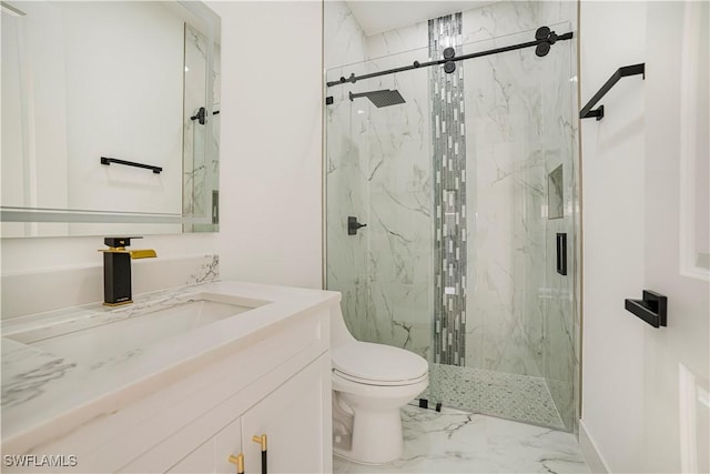 full bathroom with marble finish floor, toilet, vanity, and a marble finish shower