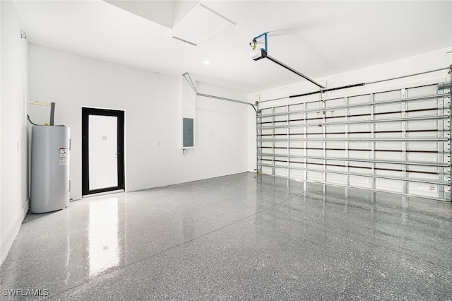 garage featuring a garage door opener, electric water heater, and electric panel