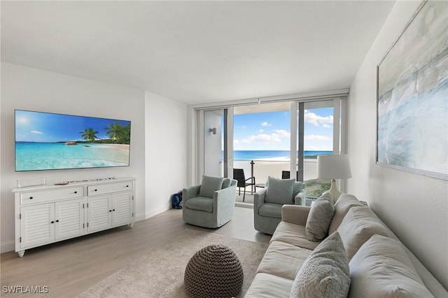 living area with light wood-style flooring and baseboards