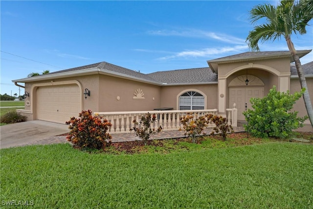 view of front of home featuring an attached garage, driveway, a front lawn, and stucco siding