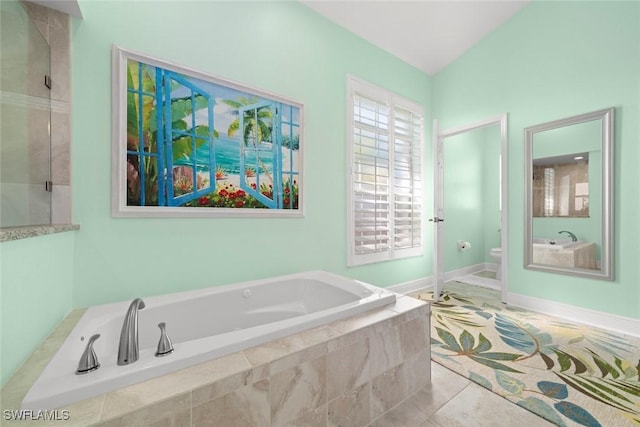 bathroom with baseboards, toilet, a garden tub, tile patterned flooring, and walk in shower