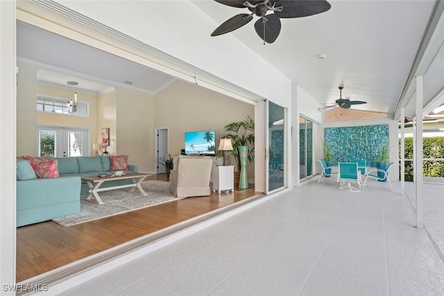 view of patio with ceiling fan, an outdoor hangout area, and french doors