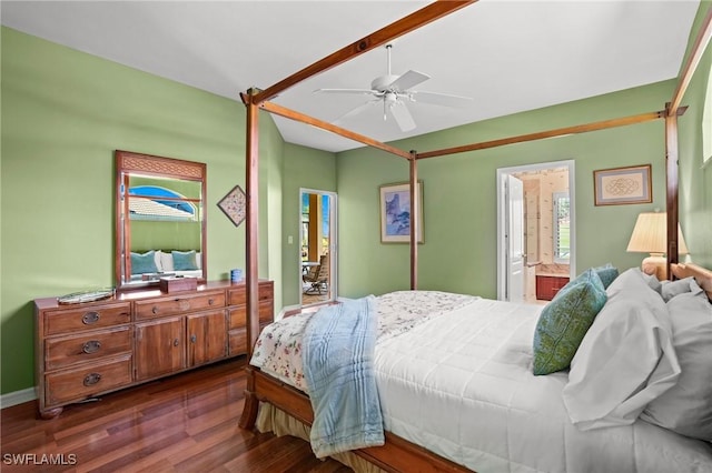 bedroom with baseboards, connected bathroom, a ceiling fan, and wood finished floors