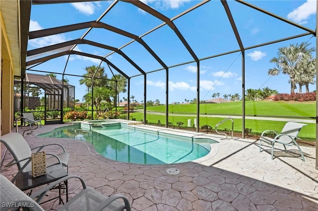 view of swimming pool with a patio area, glass enclosure, a pool with connected hot tub, and a yard