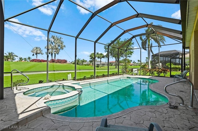 view of swimming pool with glass enclosure, a patio, a lawn, and a pool with connected hot tub