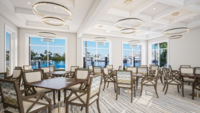 dining space with crown molding, plenty of natural light, coffered ceiling, and beamed ceiling