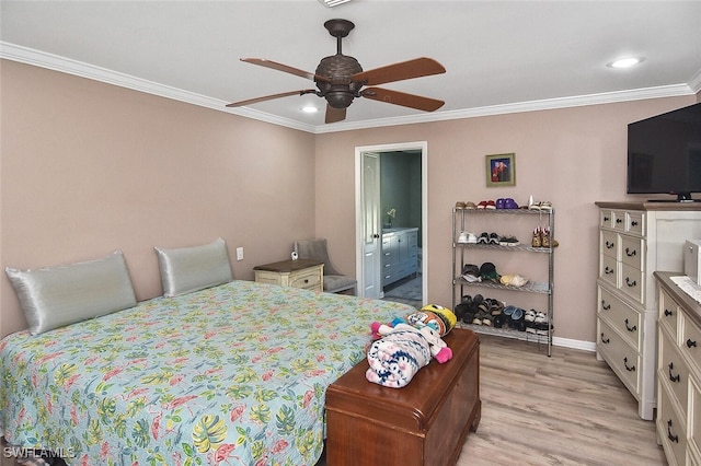 bedroom with recessed lighting, light wood-style flooring, ornamental molding, a ceiling fan, and baseboards