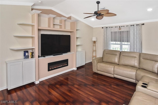 living area featuring dark wood finished floors, a ceiling fan, lofted ceiling, ornamental molding, and built in shelves