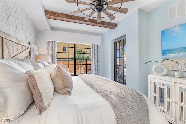 bedroom featuring a ceiling fan, carpet, beam ceiling, and visible vents