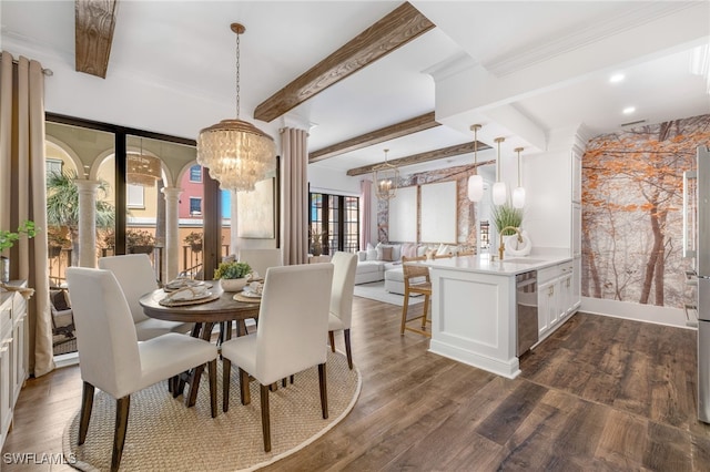 dining space with dark wood-style floors, beam ceiling, decorative columns, and an inviting chandelier