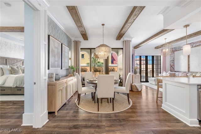 dining room with a chandelier, beam ceiling, decorative columns, and dark wood-style floors