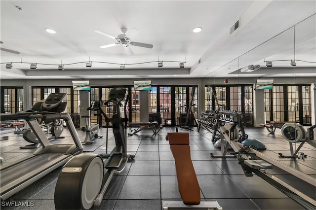 gym with a ceiling fan, recessed lighting, and visible vents